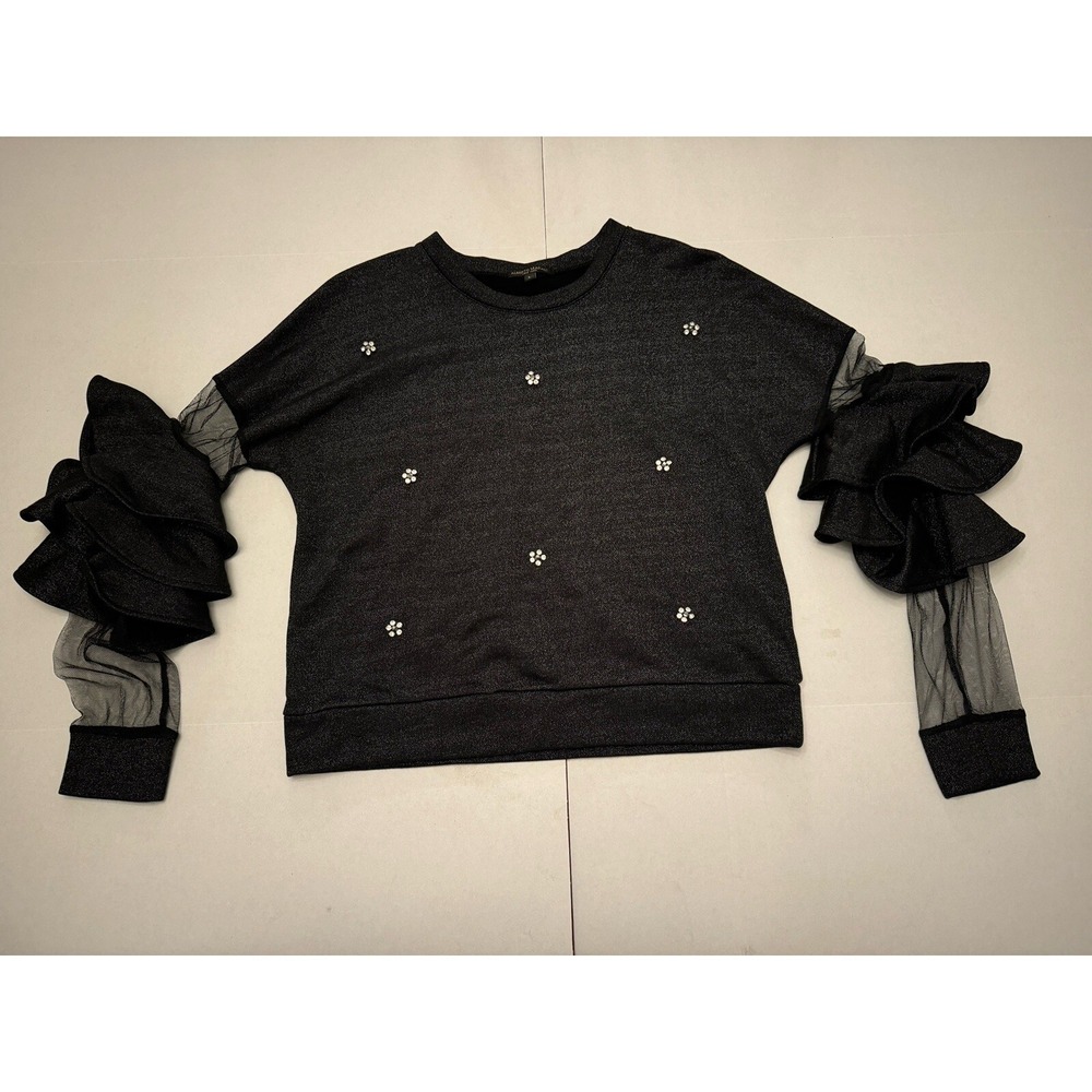 Alberto Makali Women's Black‎ Long Sleeve Top Flower Beads Sheer Sleeves Large